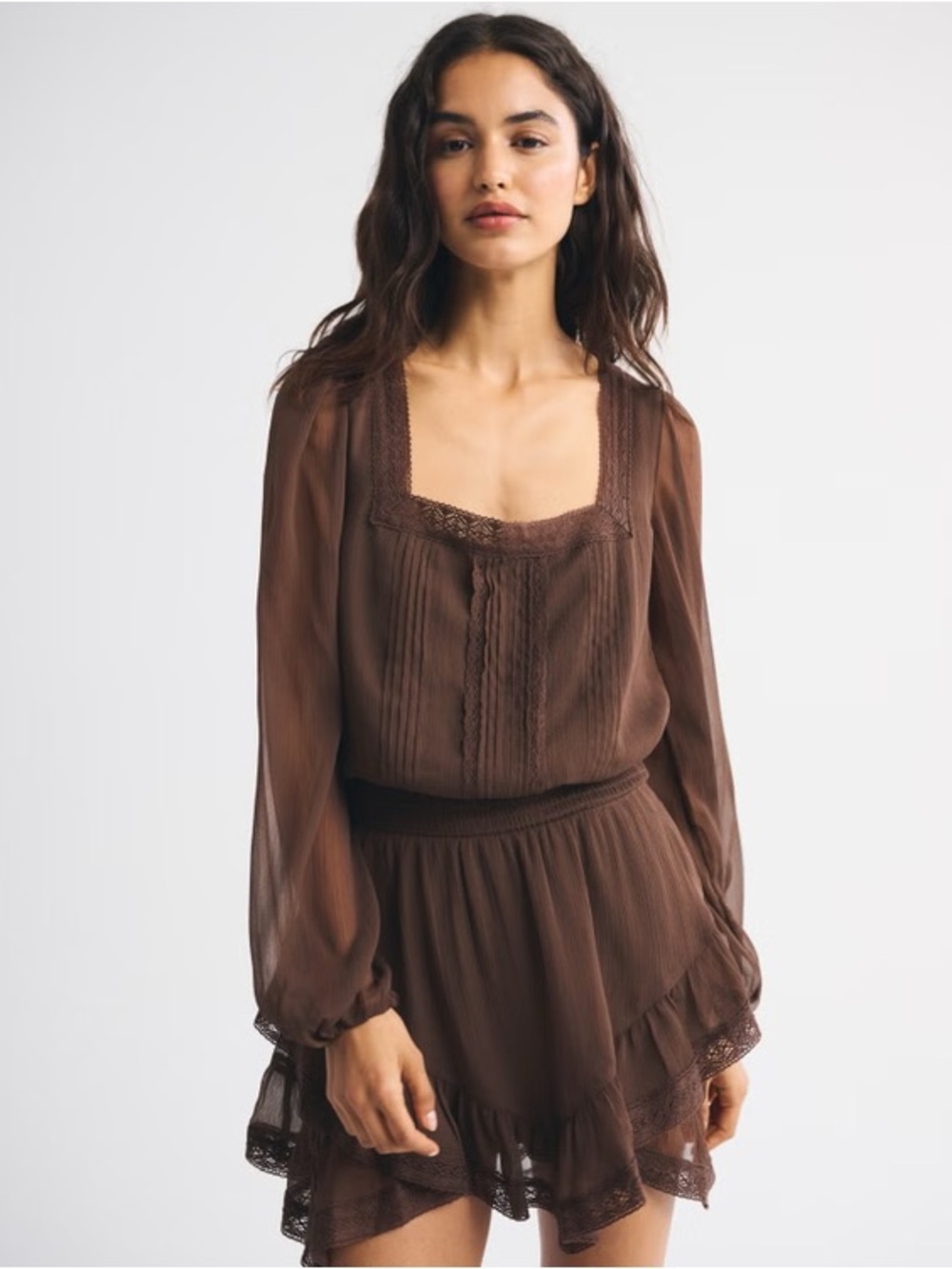 Abercrombie & Fitch Brown Lace-Trim Square Neck Blouse